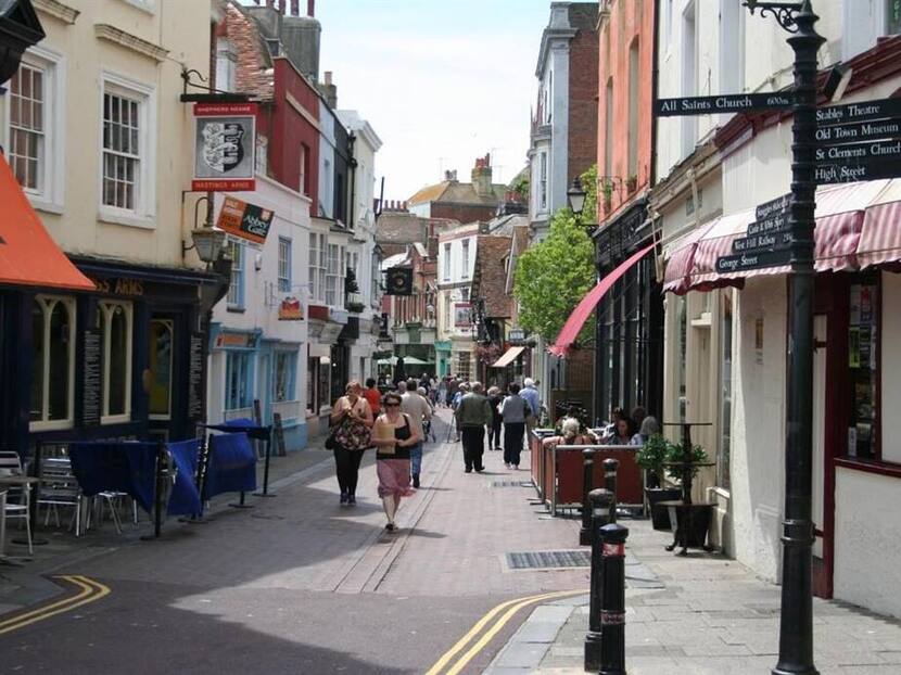 Hastings Old Town high street with independent shops, pubs and restaurants